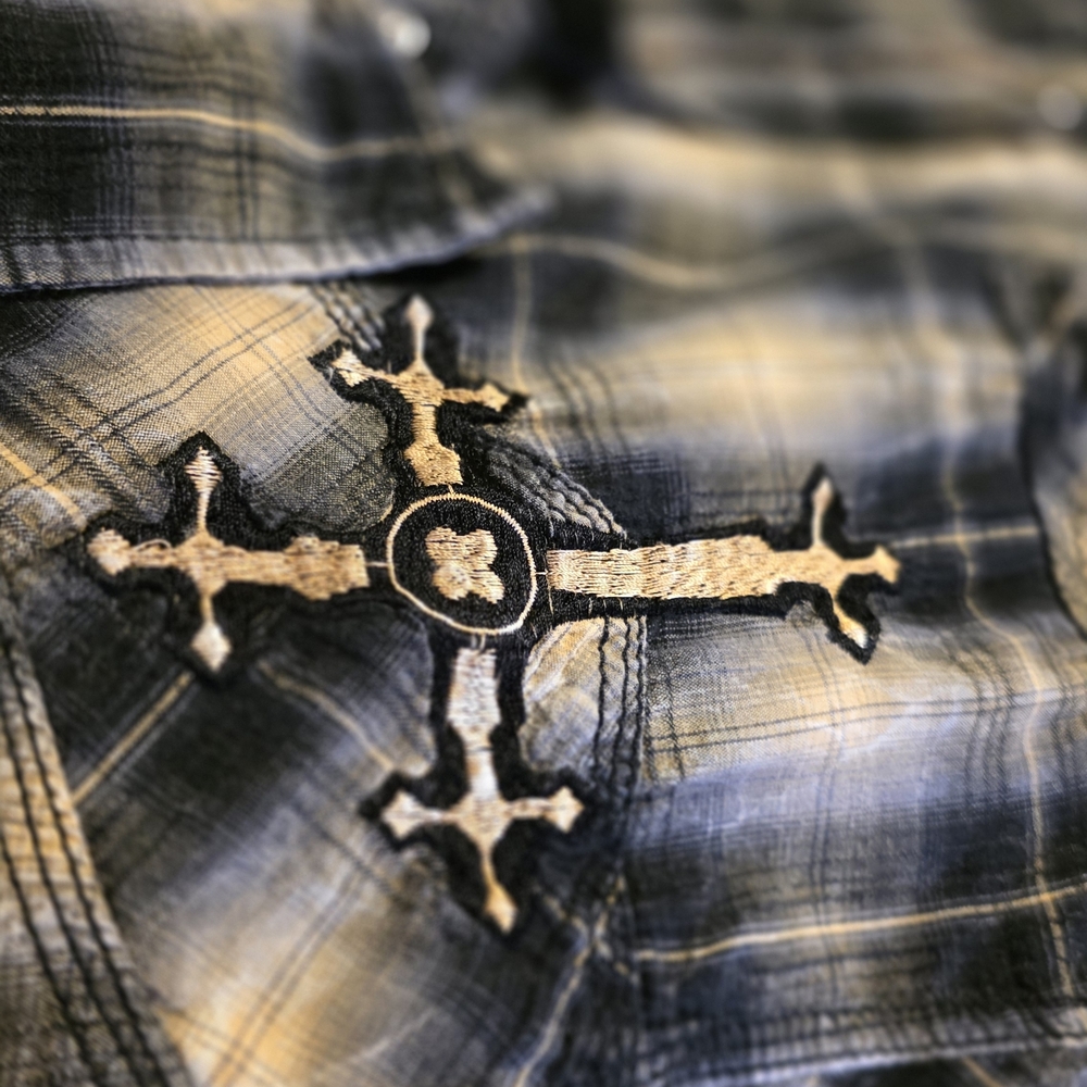 POP ICON CLOTHING Black and Cream Plaid Shirt with Cross Embroidery - Picture 11 of 11